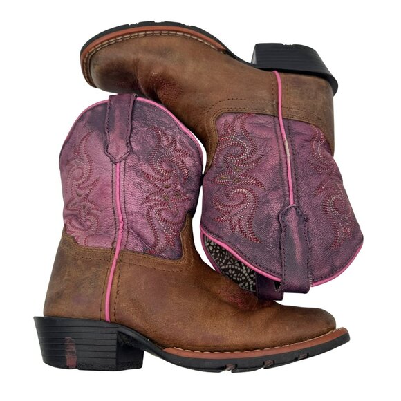 Dan Post Girls Western Boots Square Toe Purple/Brown Leather Size 12D - Picture 3 of 9